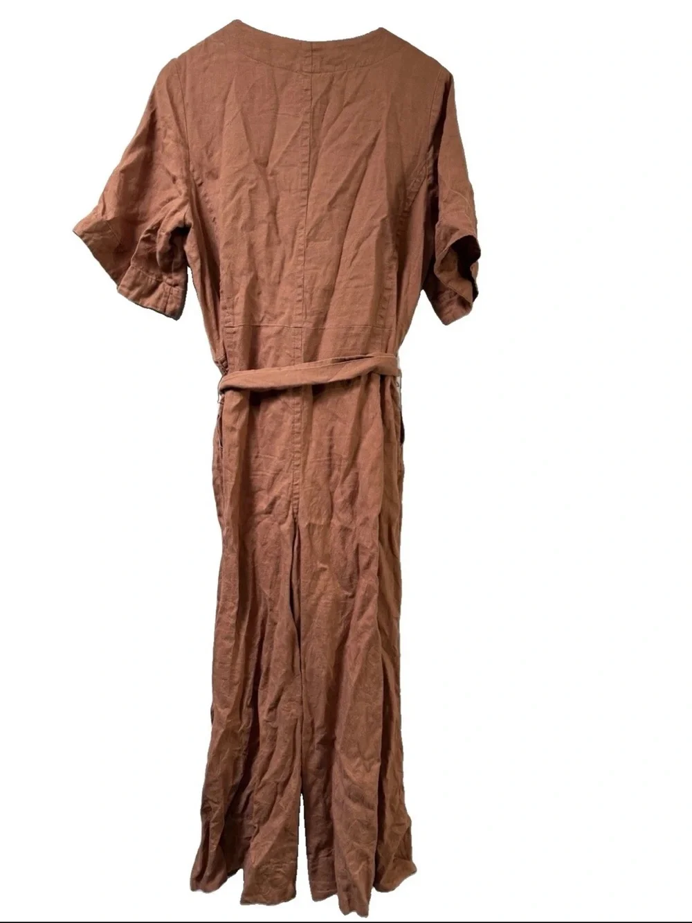 Everlane European Flax Linen Wide Leg Wrap Clay Brown Belted Jumpsuit 10 Summer